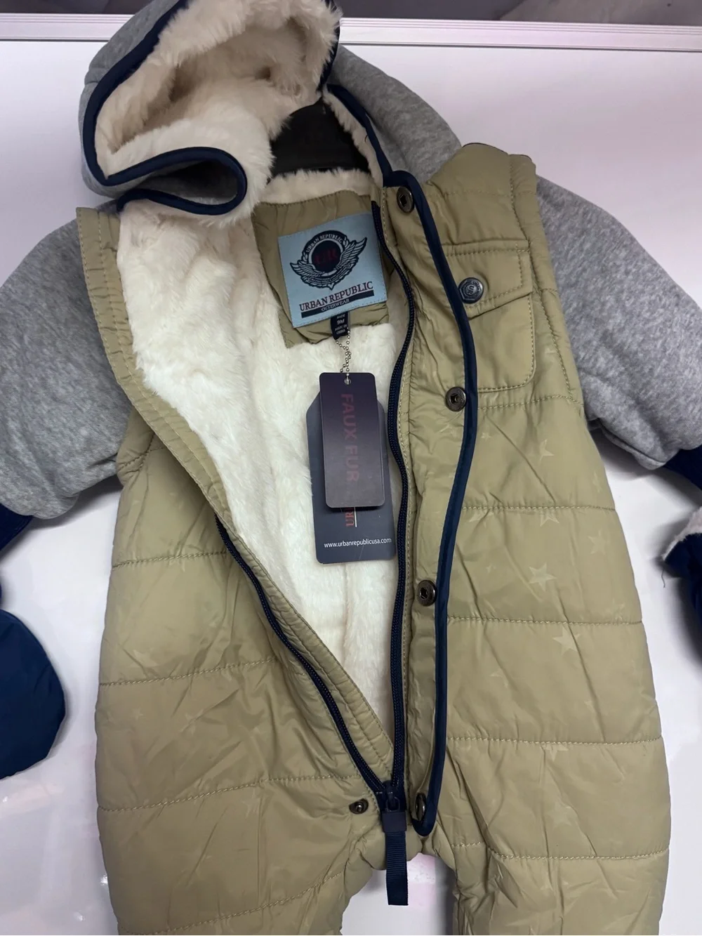 Kids Quilted Hooded One-Piece Snowsuit in Beige and Navy